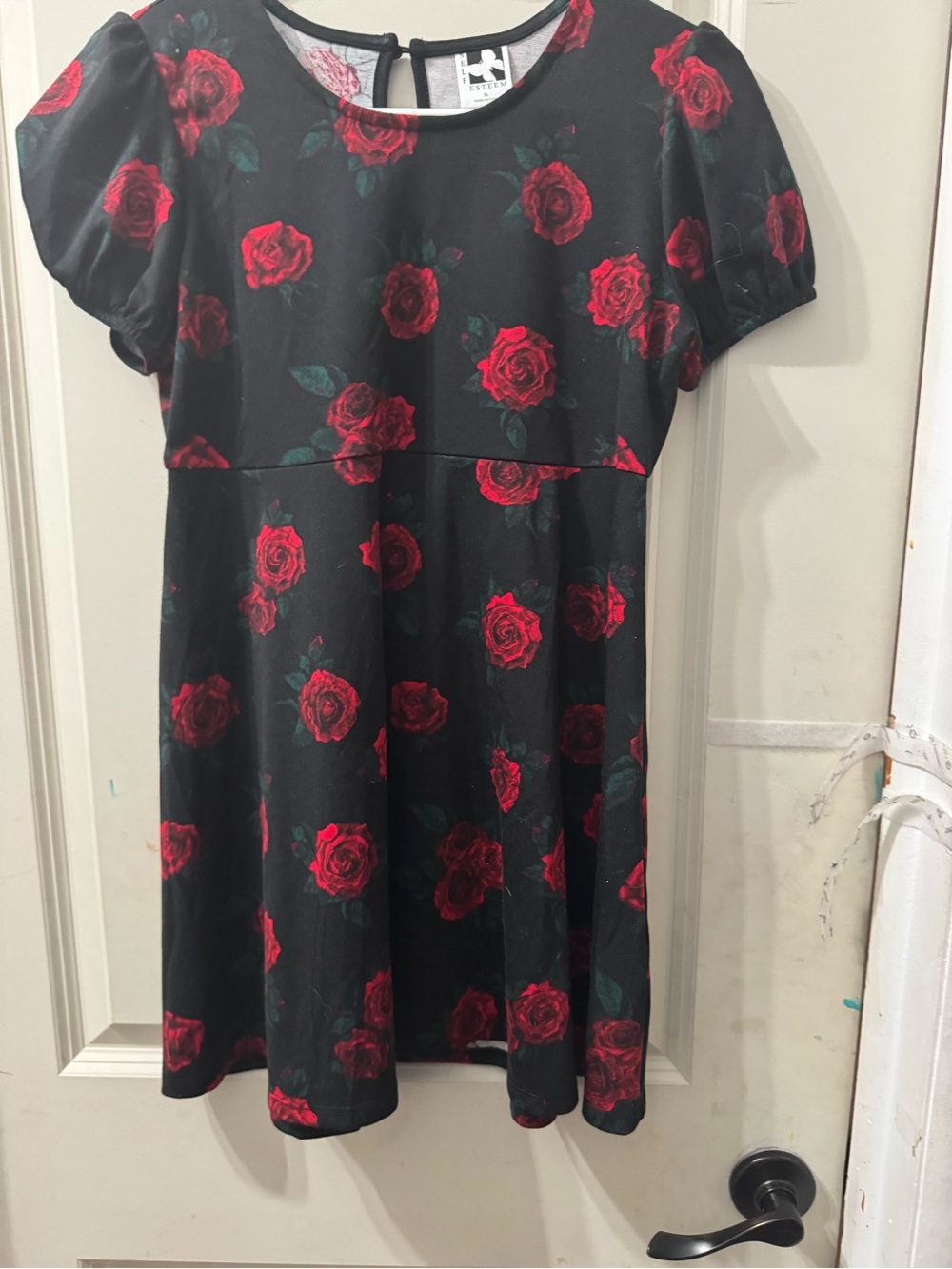 Self Esteem Black Dress with Red Rose Print